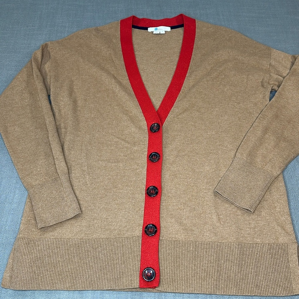 Boden Sweater Womens Medium Wool Cotton Long Cardigan 5 Button Tan Red Glitter